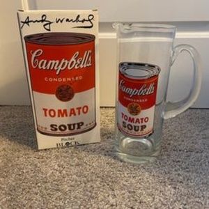 Andy Warhol Campbells Tomato Soup Signed BLOCK Vintage Glass Water Pitcher